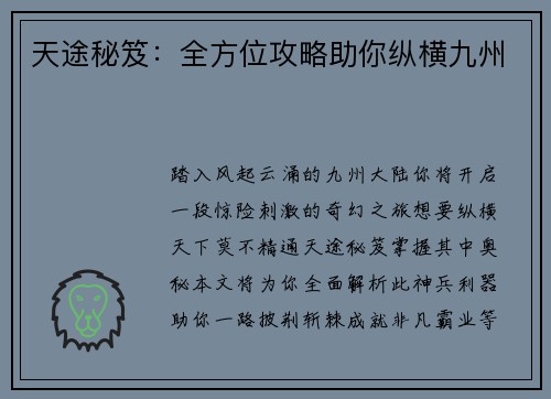 天途秘笈：全方位攻略助你纵横九州